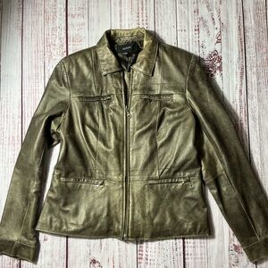 Alfani Women's Distressed Metallic Olive/Brown Leather Jacket